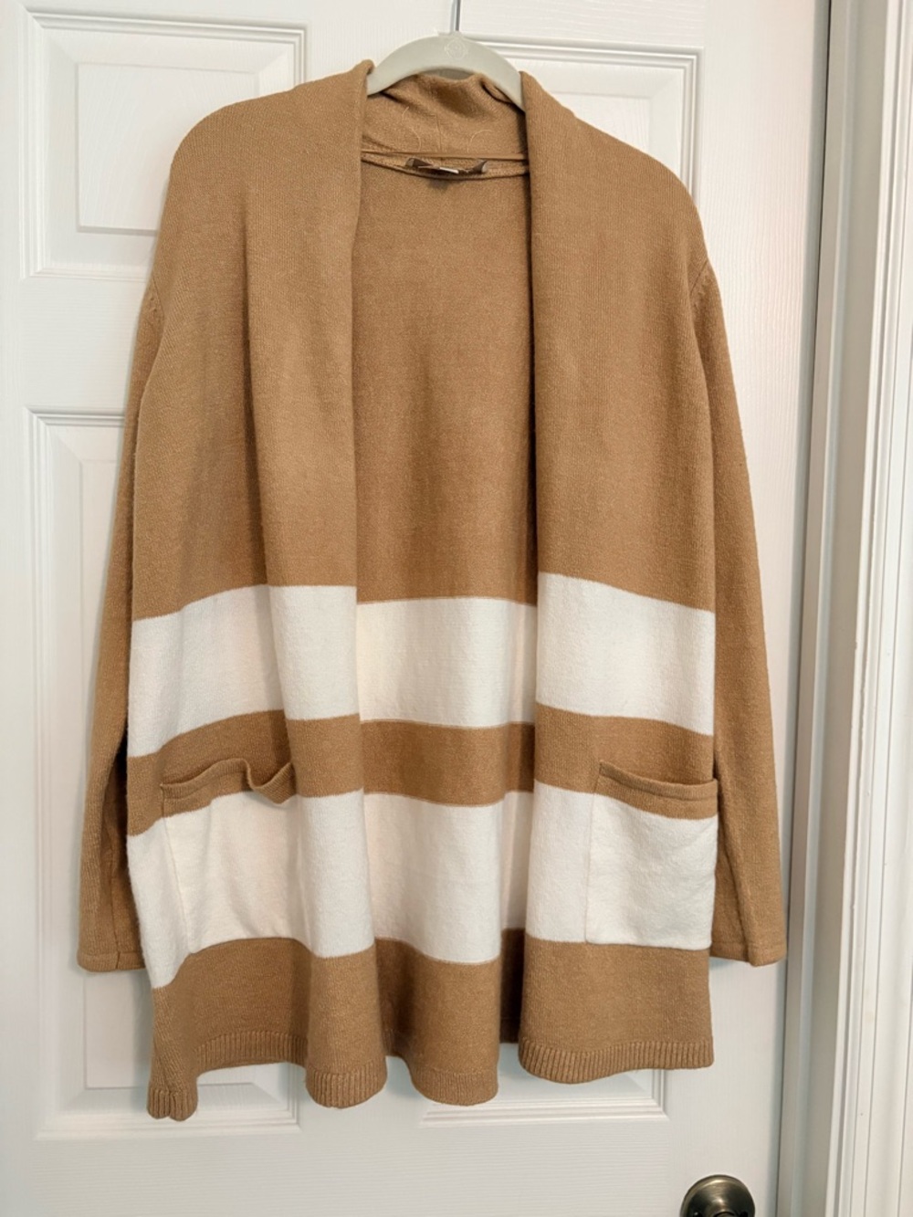LOFT Tan and White Striped Open-Front Cardigan